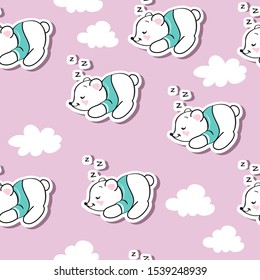 Fashion badges with polar bears kawaii style and white clouds on a pink background seamless pattern