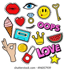 Fashion Badges Set With Patches, Stickers, Lips, Heart, Star, Hand In Pop Art Comic Style. Vector Illustration