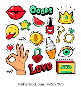 Fashion Badges Set with Patches, Stickers, Lips, Heart, Star, Hand in Pop Art Comic Style. Vector illustration