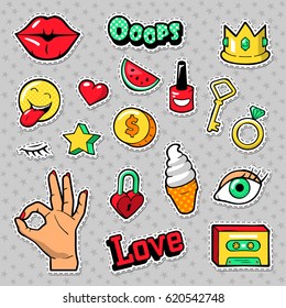 Fashion Badges Set with Patches, Stickers, Lips, Heart, Star, Hand in Pop Art Comic Style. Vector illustration