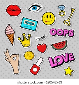 Fashion Badges Set with Patches, Stickers, Lips, Heart, Star, Hand in Pop Art Comic Style. Vector illustration