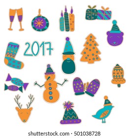 Fashion badges for winter holidays with deer, bear, candles, bell, mittens, glasses, bird, hat, candies, santa claus, gifts, christmas tree, stocks. Vector illustration isolated on white background. 