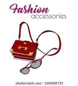 Fashion bag. Fashion accessory. Sunglasses and handbag. Vector illustration.