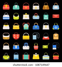 Fashion Bag flat design icon in various style such as tote bag, athletic bag, boho, shoulder bag, barrel set 2