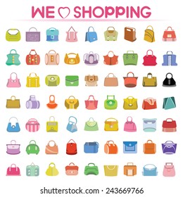 fashion bag icons set, female bags collection