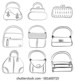 Fashion bag line icons vector set. Cartoon outline illustration isolated on white background.