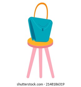 Fashion bag - modern flat design single isolated object. Neat detailed image of female turquoise accessory standing on a chair. Shopping, trendy outfit, classic handbag. Casual city look and wear idea