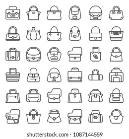 Fashion Bag outline icon in various style such as tote bag, athletic bag, boho, barrel set 1