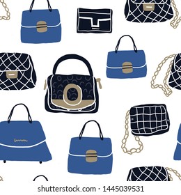 Fashion bags and clutch seamless pattern. Colorful doodle sketchy style. Stylish fashion accessories background. Perfect for textile, fabric, print. - vector