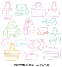 Fashion bags doodle collection, outlined color isolated over white background