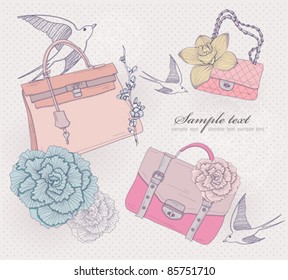 Fashion bags illustration. Background with fashionable bags, flowers and birds. Invitation or birthday card.