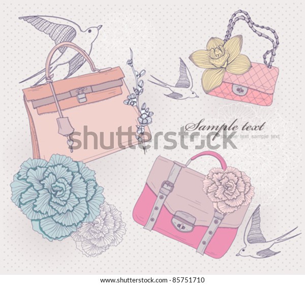 ファッションバッグのイラスト おしゃれなバッグ 花 鳥の背景 招待状または誕生日カード のベクター画像素材 ロイヤリティフリー