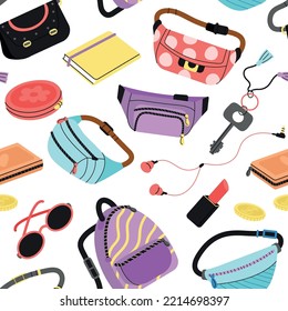 Fashion bags seamless pattern. Girly waist bag, fabric backpack, sunglasses and makeup cosmetics. Travel accessories, fancy handbag decent vector background