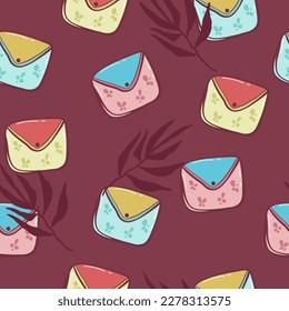 Fashion bags seamless pattern. Girly waist bag, fabric backpack, sunglasses and makeup cosmetics. Travel accessories, fancy handbag decent vector background,