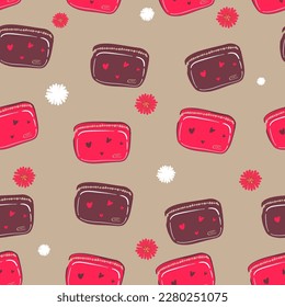 Fashion bags seamless pattern. Girly waist bag, fabric backpack, sunglasses and makeup cosmetics. Travel accessories, fancy handbag decent vector background,