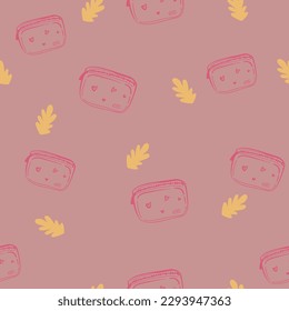 Fashion bags seamless pattern. Girly waist bag, fabric backpack, sunglasses and makeup cosmetics. Travel accessories, fancy handbag decent vector background,
