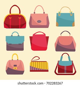 Fashion Bags set icon. Set of different fashion woman bags Flat design 