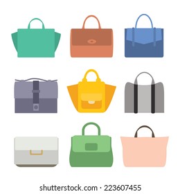 Fashion Bags set Silhouette Isolated.  Vintage vector illustration. Flat design