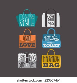 Fashion Bags set Silhouette Isolated. Typography FASHION STYLE. Vintage vector illustration 