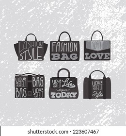 Fashion Bags set Silhouette Isolated. Typography FASHION STYLE. Vintage vector illustration 