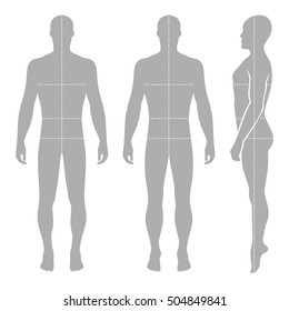 Fashion Bald Man Full Length Template Figure Silhouette With Marked Body's Sizes Lines (front, Side & Back View), 
Vector Illustration Isolated On White Background