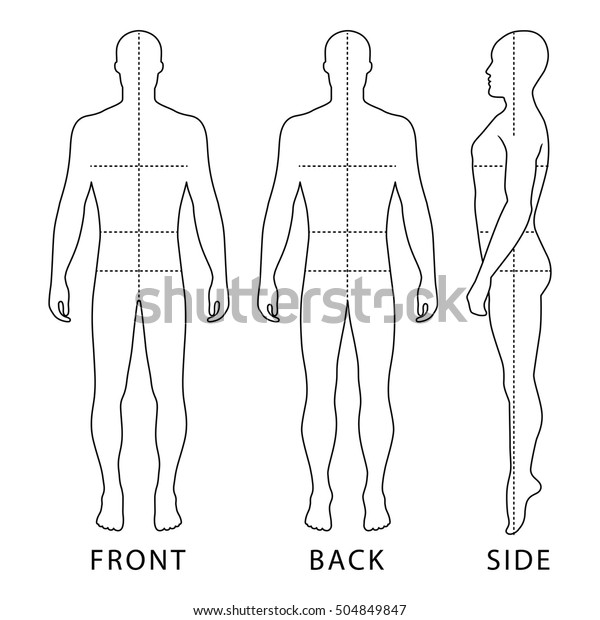Fashion bald\
man full length outlined template figure silhouette with marked\
body\'s sizes lines (front, side & back view), \
vector\
illustration isolated on white\
background