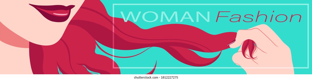 Fashion banner with close up of beautiful young woman lips and hand holding lock of red hair 