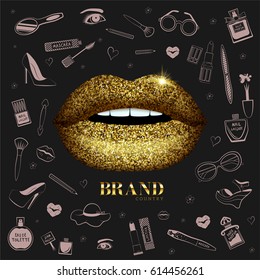 Fashion banner with golden glossy lips with glitter effect and fashion icons background.