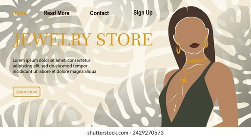 Fashion banner for online jewelry store. Elegant girl with earring and floral background