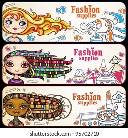 Fashion banner. shopping girls. Vector, horizontal banners with copyspace. beautiful, young women with lots of makeup.