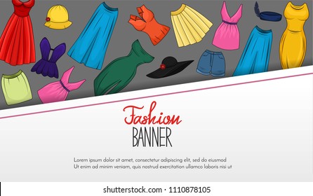 Fashion banner with women clothing and accesories in different colors.Boutique label concept. Shopping seasonal vector illustration.