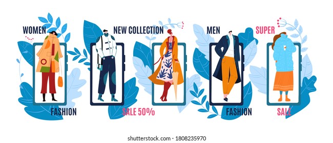 Fashion Banners Or Labels With Sale, Discount Or Price Advertising Of Mans And Womans Fashionable Clothing On Mannequins, Vector Illustration. Poster Tag Template For Shopping Of Fashionists Cloths.