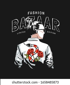 fashion bazaar slogan with  sunglasses girl in snake shirt illustration