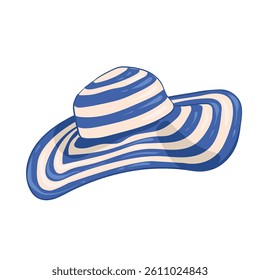 Fashion beach blue retro striped hat. Vector illustration of women's sun hat in flat style. Female stylish summer clothes. For sticker, design, season sale and decoration.