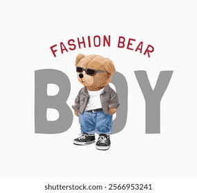 fashion bear boy slogan with cool bear cartoon vector illustration