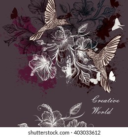 Fashion beautiful background  with hummingbirds spots  and hibiscus flowers