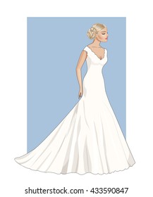 Fashion beautiful  blonde bride with closed eyes in stylish wedding dress,vector