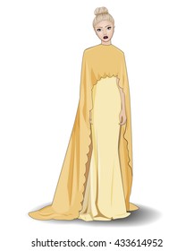 Fashion beautiful blonde girl in stylish yellow evening dress with mantle, vector