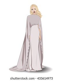 Fashion beautiful blonde girl in stylish wedding dress with mantle, vector