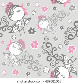 Fashion beautiful botanical seamless pattern birds and animals print. Flora and fauna of the cute roosters and flowers wallpaper in the nursery in soft pastel shades pink white gray color.


