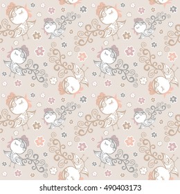 Fashion beautiful botanical seamless pattern birds and animals print. Flora and fauna of the cute roosters and flowers wallpaper in the nursery in soft pastel shades color. 