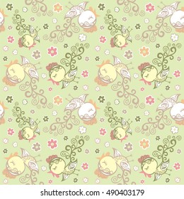 Fashion beautiful botanical seamless pattern birds and animals print. Flora and fauna of the cute roosters and flowers wallpaper in the nursery in soft pastel shades color. 