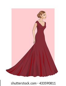 Fashion beautiful  brunette woman with closed eyes in stylish red evening dress,vector