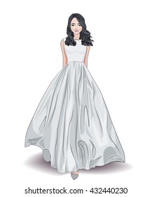 Fashion beautiful girl with black hair in stylish wedding dress, vector