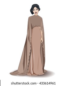 Fashion beautiful girl with black hair in stylish brown evening dress with mantle, vector