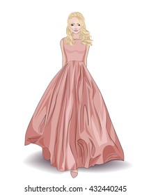 Fashion beautiful girl with blond hair in stylish evening coral dress, vector