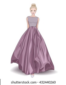 Fashion beautiful girl with blond hair in stylish evening purple dress, vector