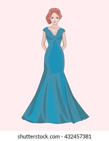 Fashion beautiful girl with coral hair and wedding hairstyle in blue long evening dress, vector