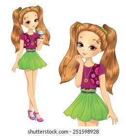 Fashion beautiful girl with two tails and coffee