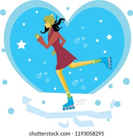 Fashion beautiful girl wearing warm winter clothes ice skating on frozen surface with love, stars and snowflakes. Girl on ice on heart. Christmas, new year